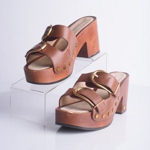 Veronica Beard Halifax Brown Leather Strappy Buckle Platform Mule Heels US 8